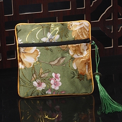 Vert Jaune Sacs carrés à pompons en tissu de style chinois, avec fermeture à glissière, Pour bracelet, Collier, vert jaune, 11.5x11.5 cm