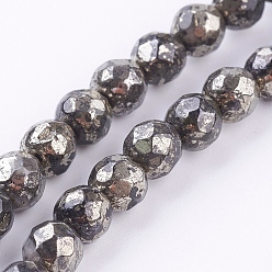 Pyrite Natural Pyrite Beads Strands, Round, Faceted, 6mm, Hole: 1mm, about 33pcs/strand, 8 inch