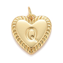 Letter Q Rack Plating Real 18K Gold Plated Brass Pendants, with Jump Rings, Long-Lasting Plated, Lead Free & Cadmium Free & Nickel Free, Heart with Letter A~Z, Letter.Q, 16x15x2.5mm, Jump Ring: 5x0.5mm, 3mm Inner Diameter