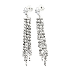 Rectangle Clear Cubic Zirconia & Crystal Rhinestone Long Tassel Dangle Stud Earrings, Brass Earrings with 925 Sterling Silver Pins for Women, Platinum, Rectangle Pattern, 92mm, Pin: 0.8mm, Pendant: 79x10x2mm