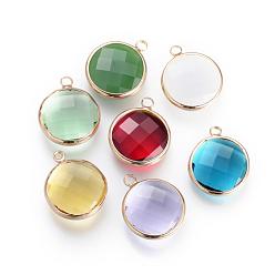 Mixed Color Glass Pendants, with Brass Findings, Faceted, Flat Round, Mixed Color, 9.5x6.5x2.5mm, Hole: 2mm