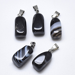 Black Natural Banded Agate/Striped Agate Pendants, Dyed, with Stainless Steel Snap On Bails, Cuboid, Stainless Steel Color, Black, 20~23x9~13x9~13mm, Hole: 3~4x7~8.5mm