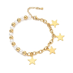 Doré  201 bracelet à breloques étoile en acier inoxydable, bracelet en perles de plastique avec placage sous vide 304 chaînes de câbles en acier inoxydable pour femmes, or, 7-1/2 pouce (19 cm)