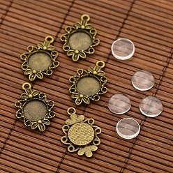 Antique Bronze Vintage Tibetan Style Alloy Flower Pendant Cabochon Bezel Settings and Transparent Flat Round Glass Cabochons, Nickel Free, Antique Bronze, Tray: 12mm, 30x21x3mm, Hole: 2mm, Glass Cabochons: 12x4mm