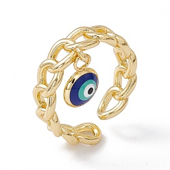 Dark Blue Enamel Evil Eye Charm Open Cuff Ring with Enamel, Real 18K Gold Plated Brass Jewelry for Women, Lead Free & Cadmium Free, Dark Blue, US Size 7 1/4(17.5mm)
