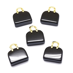Obsidian Natural Obsidian Brass Pendants, Golden, Bag, 27~29x24~26x9~13mm, Hole: 6mm
