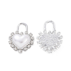 Platinum Alloy Rhinestone Pendants, with ABS Plastic Imitation Pearl Beads, Heart Padlock Charm, Platinum, 24.5x18.5x5.5mm, Hole: 5x6.5mm