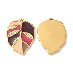 Coconut Brown Real 18K Gold Plated 304 Stainless Steel Rhinestone Pendants, with Enamel, Leaf Charms, Coconut Brown, 21.5x16x2mm, Hole: 1mm