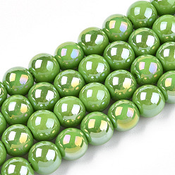 Lime Green Electroplate Opaque Glass Beads Strands, AB Color Plated, Round, Lime Green, 8~8.5mm, Hole: 1.5mm, about 51~53pcs/strand, 14.96 inch~15.55 inch(38~39.7cm)