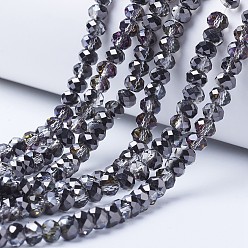 Black Plated Electroplate Transparent Glass Beads Strands, Half Plated, Faceted, Rondelle, Black Plated, 3x2mm, Hole: 0.8mm, about 150~155pcs/strand, 15~16 inch(38~40cm)
