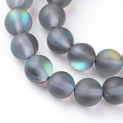 Gris Brins synthétiques de perles de lune, perles holographiques, teint, givré, ronde, grises , 6mm, Trou: 1mm, Environ 60~62 pcs/chapelet, 14~15 pouce