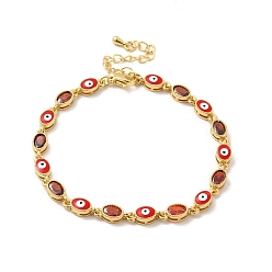 Red Enamel Evil Eye & Glass Oval Link Chain Bracelet, Golden Brass Jewelry for Women, Red, 7-1/4 inch(18.3cm)