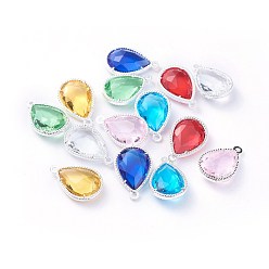 Mixed Color Glass Pendants, with Eco-Friendly Alloy Open Back Berzel Findings, Faceted, teardrop, Silver Color Plated, Mixed Color, 18x12x5mm, Hole: 1.4mm