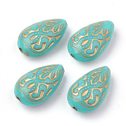 Turquoise Teardrop Plating Acrylic Beads, Golden Metal Enlaced, Turquoise, 18x11.5x7.5mm, Hole: 1.5mm, about 588pcs/500g