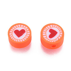 Coral Handmade Polymer Clay Beads, Flat Round with Heart, Coral, 9.5~10x4.5~5mm, Hole: 1.6mm