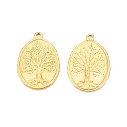 Real 18K Gold Plated Ion Plating(IP) 201 Stainless Steel Pendants, Oval with Tree of Life, Nickel Free, Real 18K Gold Plated, 30x20.5x1.5mm, Hole: 1.8mm
