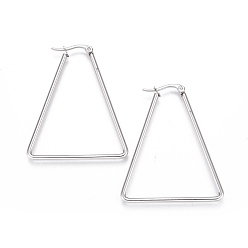Stainless Steel Color 201 Stainless Steel Angular Hoop Earrings, with 304 Stainless Steel Pin, Hypoallergenic Earrings, Triangle, Stainless Steel Color, 77x65x2mm, 12 Gauge, Pin: 0.8mm