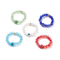 Mixed Color Lampwork Evil Eye & Glass Beaded Stretch Finger Ring for Women, Mixed Color, US Size 8 1/2(18.5mm)