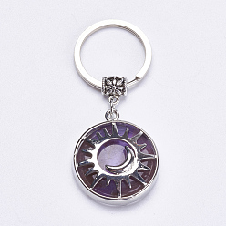 Améthyste Porte-clés améthyste naturelle, avec accessoires en laiton, plat rond avec le soleil et la lune, 64mm