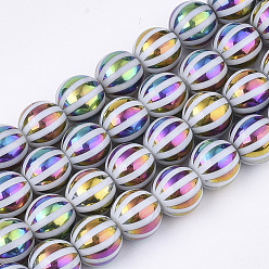 Colorido Abalorios de vidrio electrochapa, redondo con raya, colorido, 10x9.5 mm, agujero: 1.2 mm, sobre 30 unidades / cadena, 11.2 pulgada