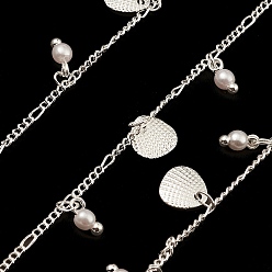Plata Cadenas de latón de bordillo, con dijes de concha y perlas de plástico, sin soldar, con carrete, plata, 2x1x0.5 mm