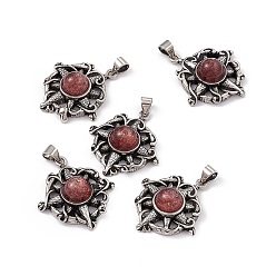 Strawberry Quartz Natural Strawberry Quartz Pendants, Flat Round Charms with Flower, with Antique Silver Color Brass Findings, 26x23.5x7.5mm, Hole: 4x4mm