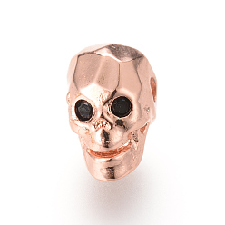 Розовое Золото Латунные микро проложить кубического циркония бусы, череп, розовое золото , 12x7.5x9 мм, отверстие : 2 мм