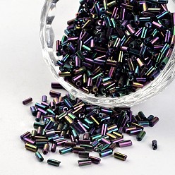 Multi-color Plated Iris Hole Glass Bugle Beads, Multi-color Plated, 3~5x1.8~2mm, Hole: 0.8mm, about 12000pcs/450g