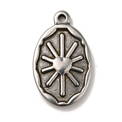Antique Silver 304 Stainless Steel Pendants, Oval with Sun Charms, Antique Silver, 24x14x2.5mm, Hole: 1.6mm