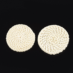 Beige Handmade Reed Cane/Rattan Woven Beads, For Making Straw Earrings and Necklaces, No Hole/Undrilled, Bleach, Flat Round, Beige, 38~50x4~6mm