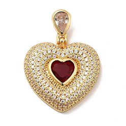 Red Brass Micro Pave Cubic Zirconia Pendants, Long-Lasting Plated, Real 18K Gold Plated, Heart, Red, 41.5mm, Hole: 8x4mm
