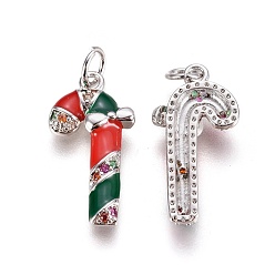 Platinum Brass Micro Pave Cubic Zirconia Pendants, with Enamel and Jump Ring, Christmas Candy Cane, Red & Green, Platinum, 21x10.5x3mm, Hole: 3mm