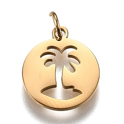 Real 18K Gold Plated 316L Surgical Stainless Steel Pendants, with Jump Rings, Flat Round with Hollow Palm Tree, Real 18K Gold Plated, 16x13.5x1mm, Hole: 3mm