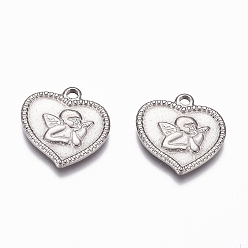 Stainless Steel Color 304 Stainless Steel Angel Pendants, Heart with Cupid/Cherub, Stainless Steel Color, 15x15x2mm, Hole: 1.6mm