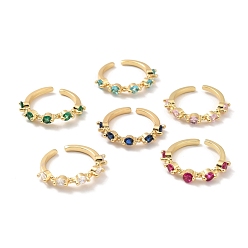 Mixed Color Rhinestone Flat Round Open Cuff Ring, Real 18K Gold Plated Brass Jewelry for Women, Cadmium Free & Lead Free, Mixed Color, US Size 6 1/2(16.9mm)