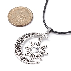 Antique Silver Tibetan Style Alloy Moon & Sun Pendant Necklace with Waxed Cords, Antique Silver, 17.72 inch(45cm)