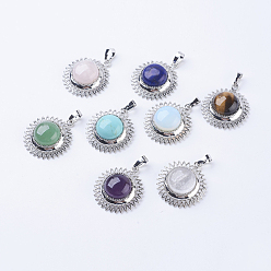 Mixed Stone Natural & Synthetic Mixed Stone Pendants, with Brass Findings, Sun, Platinum, 31.3x27.5x10mm, Hole: 5x7mm