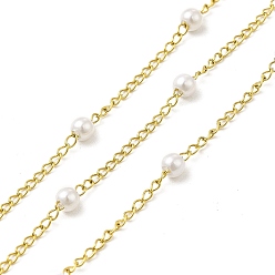 Real 18K Gold Plated Ion Plating(IP) 316 Surgical Stainless Steel Curb Chains, Glass Pearl Round Charm Chain, Soldered, with Spool, Real 18K Gold Plated, Link: 2x1.5x0.5mm, Round: 3mm