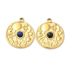 Lapis Lazuli Ion Plating(IP) 316 Stainless Steel Flat Round Pendants, Natural Lapis Lazuli Flower Charms, Real 24K Gold Plated, 23x20x4mm, Hole: 1.8mm