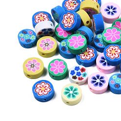 Mixed Color Handmade Polymer Clay Beads, Flat Round with Flower, Mixed Color, 9~10x4~4.5mm, Hole: 1.2~1.8mm