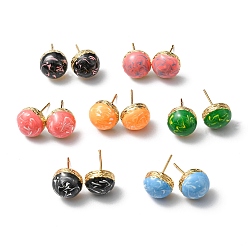 Mixed Color Enamel Half Round Stud Earrings, Real 18K Gold Plated Brass Jewelry, Cadmium Free & Lead Free, Mixed Color, 10.5x6mm