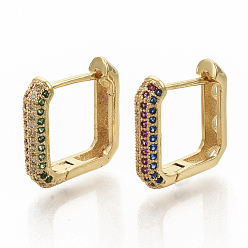 Real 18K Gold Plated Brass Micro Pave Colorful Cubic Zirconia Hoop Earrings, Square, Real 16K Gold Plated, 16x16x4mm, Pin: 1x1mm