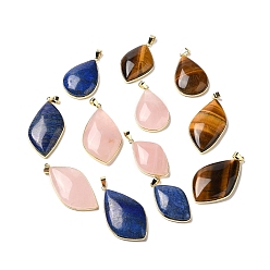 Mixed Stone Gemstone Pendants, Leaf Charms, with Rack Plating Golden Plated Brass Findings, Cadmium Free & Lead Free, 35.5~46.5x22~27x6.5~8.5mm, Hole: 5.4x4mm