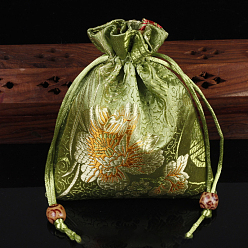 Yellow Green Chinese Style Flower Pattern Satin Jewelry Packing Pouches, Drawstring Gift Bags, Rectangle, Yellow Green, 14x11cm