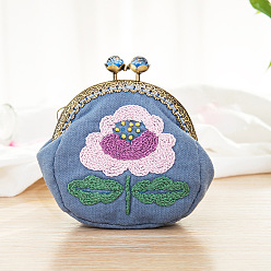 Flower DIY Kiss Lock Coin Purse Embroidery Kit, Including Embroidered Fabric, Embroidery Needles & Thread, Metal Purse Handle, Flower Pattern, 100x35x85mm