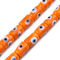 Orange Handmade Evil Eye Lampwork Beads, Column, Orange, 14x10mm, Hole: 1.2mm, about 25pcs/strand, 13.98 inch(35.5cm)