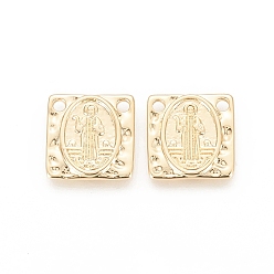 Real 18K Gold Plated Brass Charms, Long-Lasting Plated, Square with Saint, Hammered, Real 18K Gold Plated, 16x16x2mm, Hole: 1.8mm