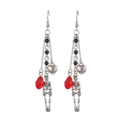 Red Alloy Skull & Heart & Glass Teardrop Dangle Earrings with Brass Pins for Women, Skull, 95mm