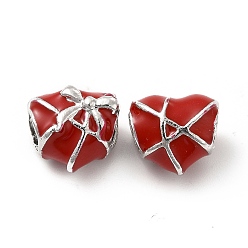 Red Rack Plating Alloy Enamel European Beads, Large Hole Beads, Heart with Bowknot, Red, 11.5x12.5x9.5mm, Hole: 5mm