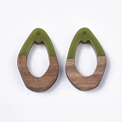 Green Resin & Walnut Wood Pendants, Teardrop, Green, 28x17.5x3mm, Hole: 1.8mm